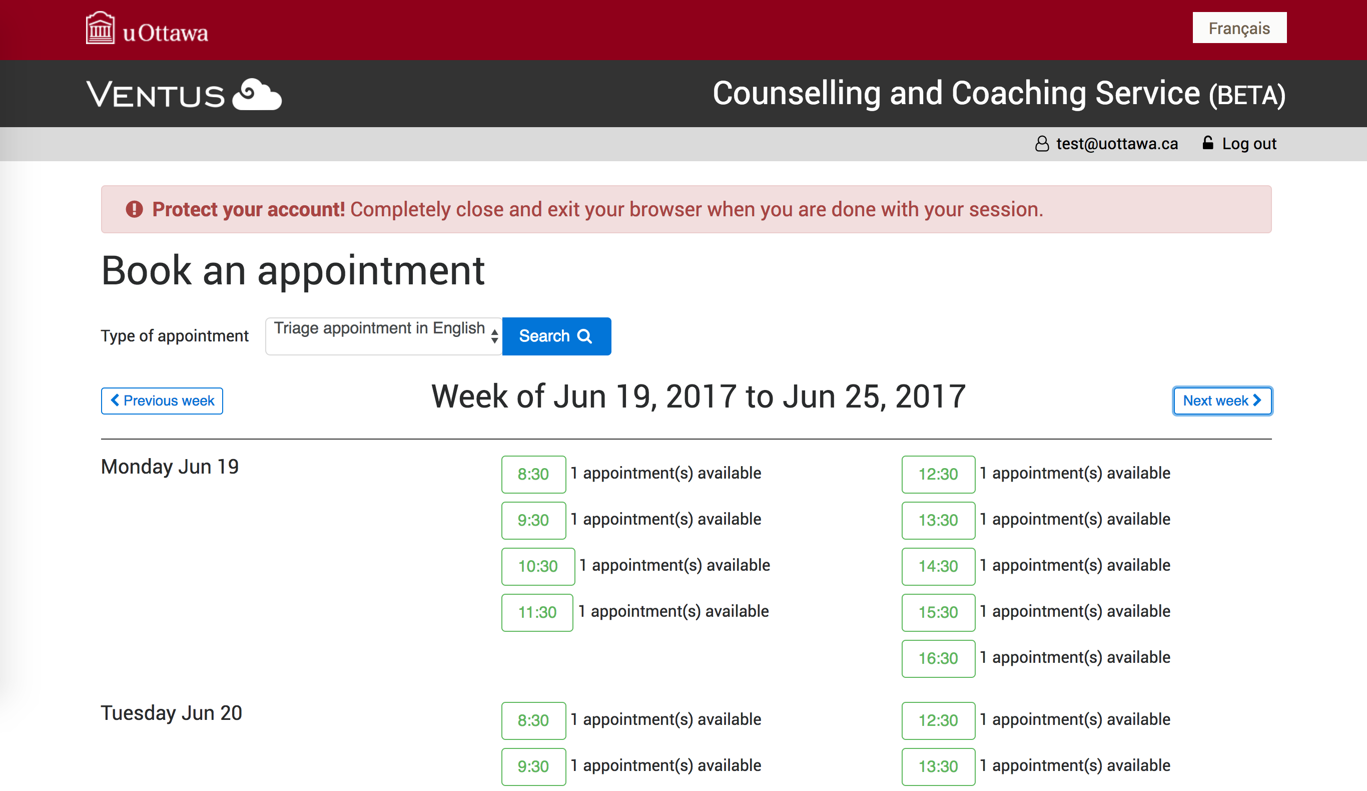 Screenshot showing booking functionality in the Counselling Portal