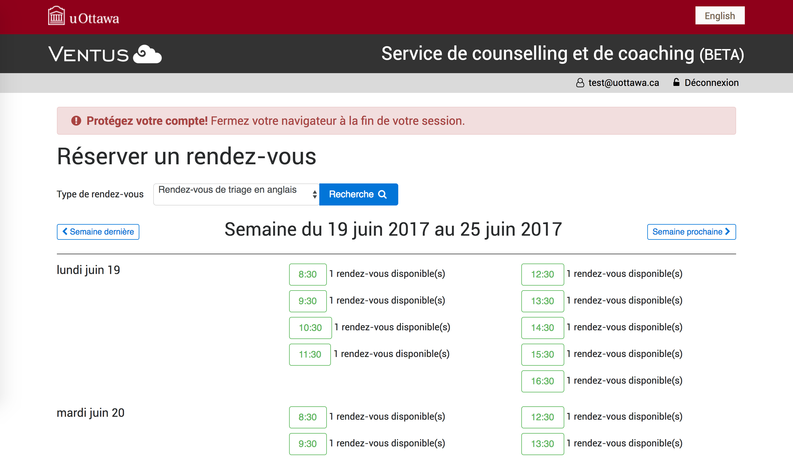 Capture d'ecran montrant le fonctionnement du système des counselling