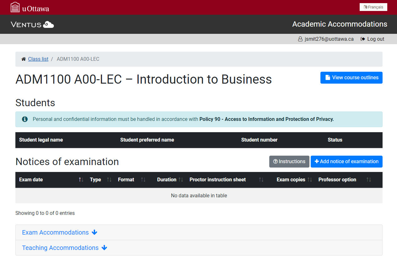 Screenshot showing student accommodations in the Professor Portal