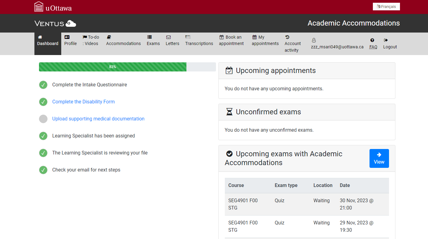 Screenshot showing Academic Accommodations student portal